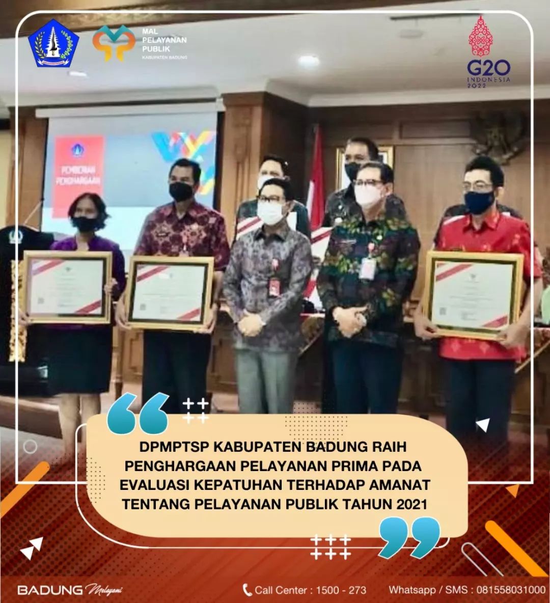 DPMPTSP KABUPATEN BADUNG RAIH PENGHARGAAN PELAYANAN PRIMA PADA EVALUASI KEPATUHAN TERHADAP AMANAT TENTANG PELAYANAN PUBLIK TAHUN 2021