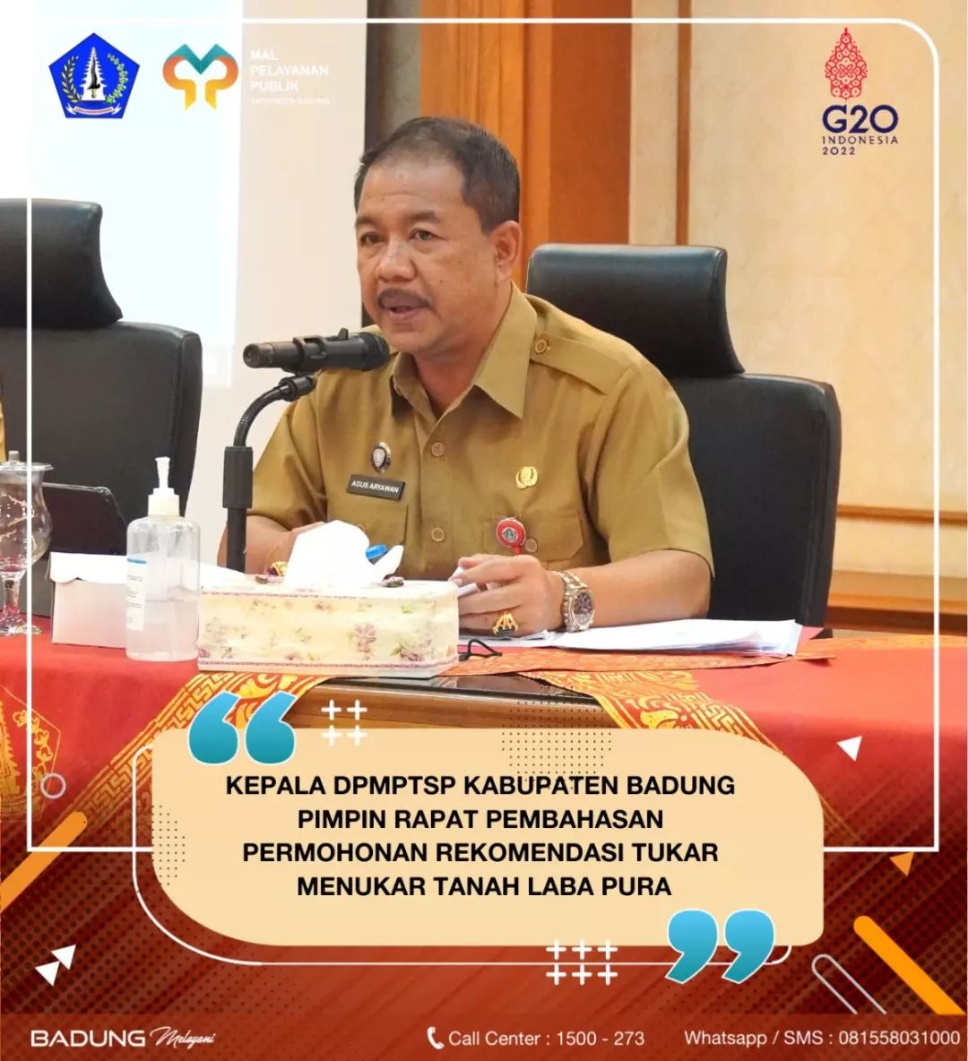 KEPALA DPMPTSP KABUPATEN BADUNG PIMPIN RAPAT PEMBAHASAN PERMOHONAN TUKAR MENUKAR TANAH LABA PURA