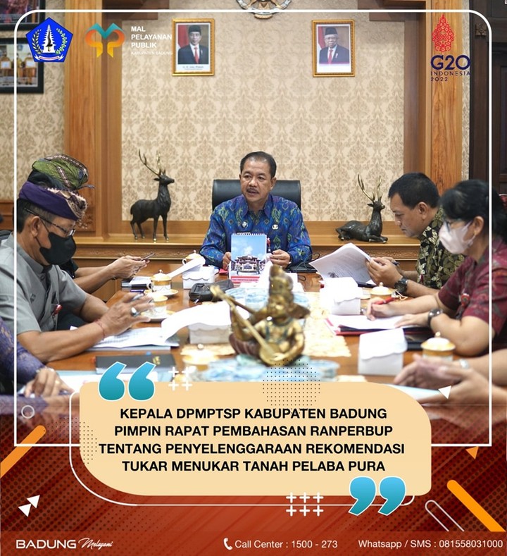 KEPALA DPMPTSP KABUPATEN BADUNG PIMPIN RAPAT PEMBAHASAN RANPERBUP TENTANG PENYELENGGARAAN REKOMENDASI TUKAR MENUKAR TANAH PELABA PURA