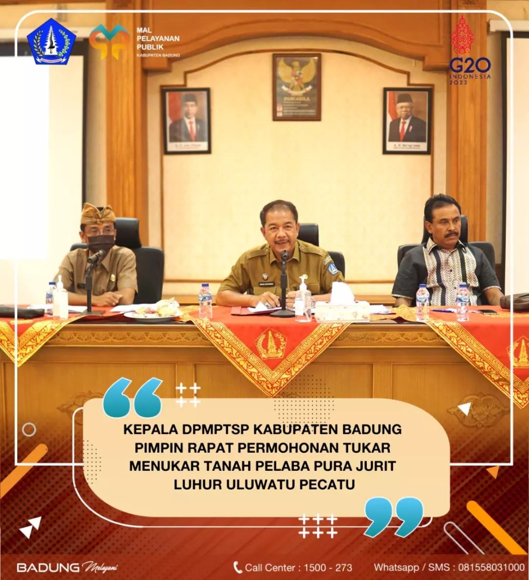 KEPALA DPMPTSP KABUPATEN BADUNG PIMPIN RAPAT PERMOHONAN TUKAR MENUKAR TANAH PELABA PURA JURIT LUHUR ULUWATU PECATU