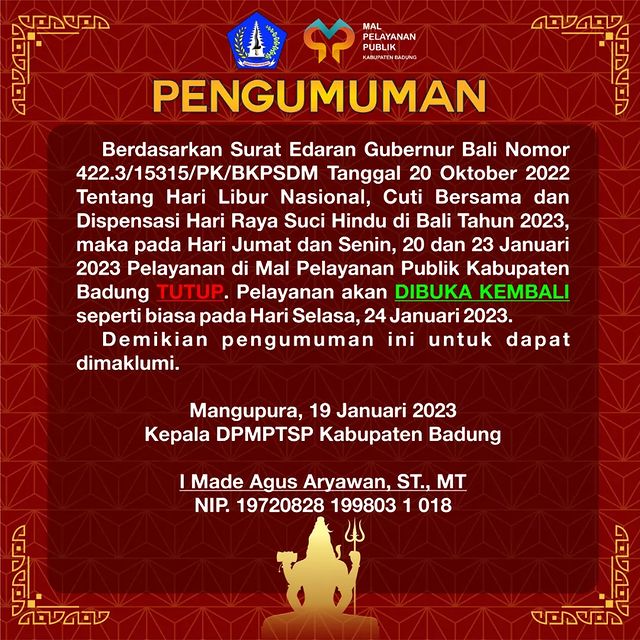 PENGUMUMAN CUTI HARI RAYA SIWARATRI DAN TAHUN BARU IMLEK