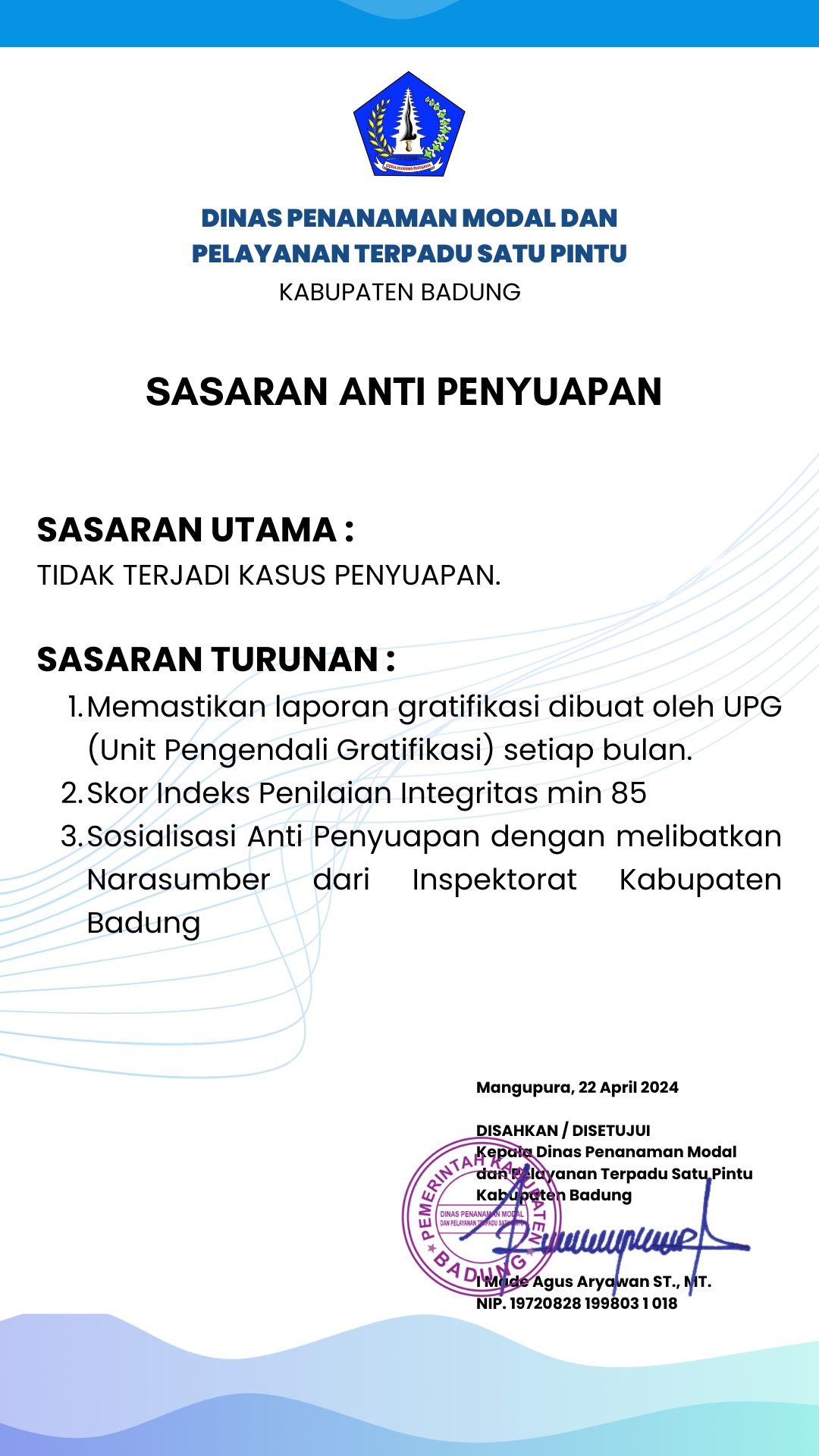 SASARAN ANTI PENYUAPAN DPMPTSP KABUPATEN BADUNG