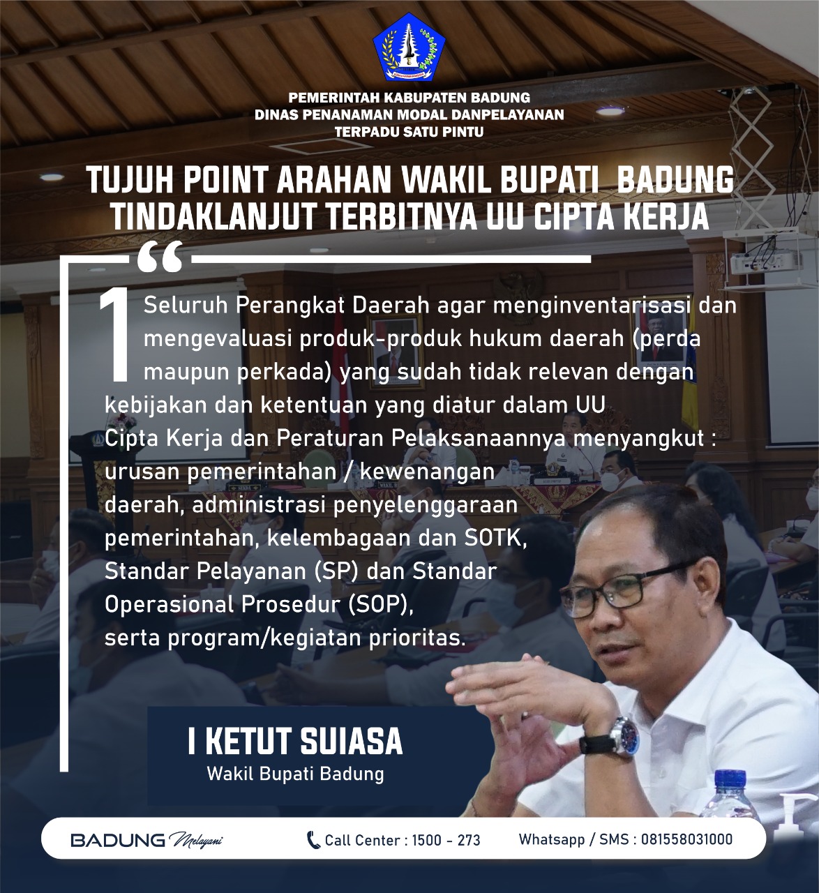 TUJUH ARAHAN WAKIL BUPATI BADUNG SEBAGAI TINDAKLANJUT TERBITNYA UU CIPTA KERJA